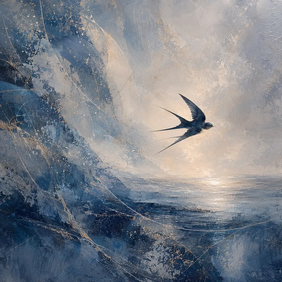 Golondrina volando sobre el mar y el cielo
